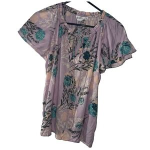 Candace Cameron Bure Floral Print Blouse Womens Medium Purple Teal‎